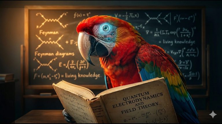 Papagaio com olho cibernético lendo livro de Quantum Electrodynamics com diagramas de Feynman no quadro