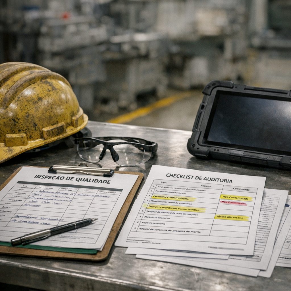 Bancada industrial com checklist de auditoria, tablet e itens de segurança em contexto de governança de IA