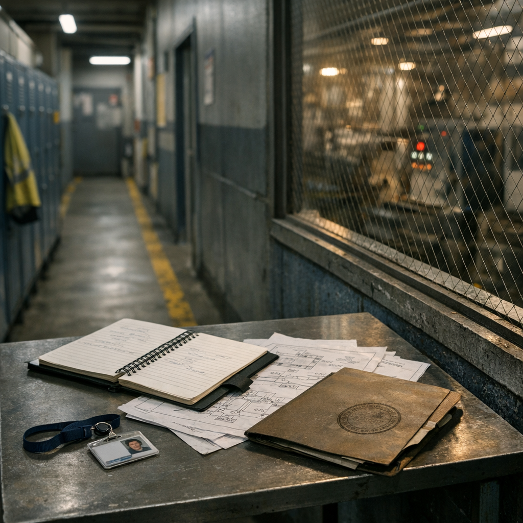 Shadow AI em ambiente industrial com documentos técnicos e contratos