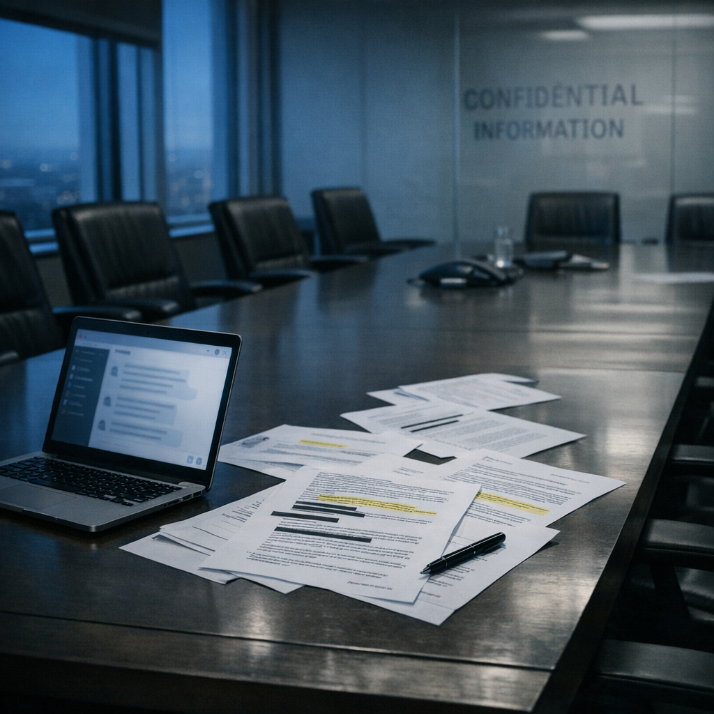 Documentos com tarjas e checklist de compliance em ambiente corporativo
